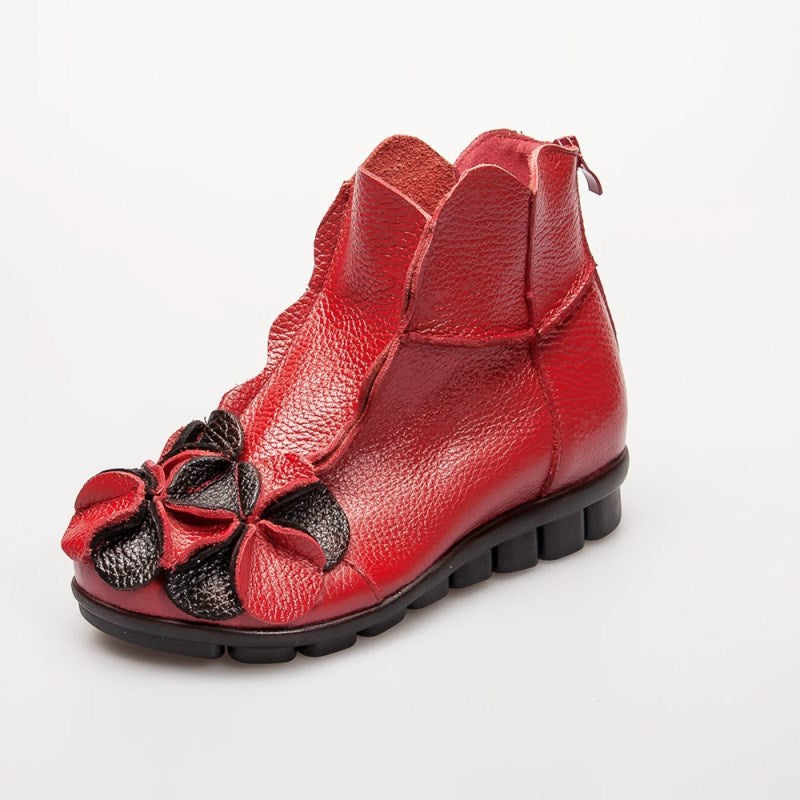 Glamorous Flower-Accented Leather Ankle Boots