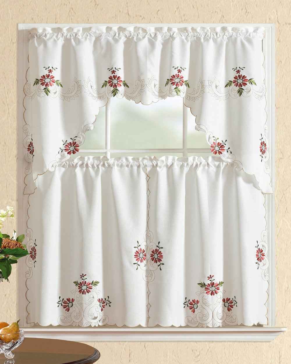 All American Collection 3-Piece Modern Embroidered Kitchen Curtain Set with Swag Valance