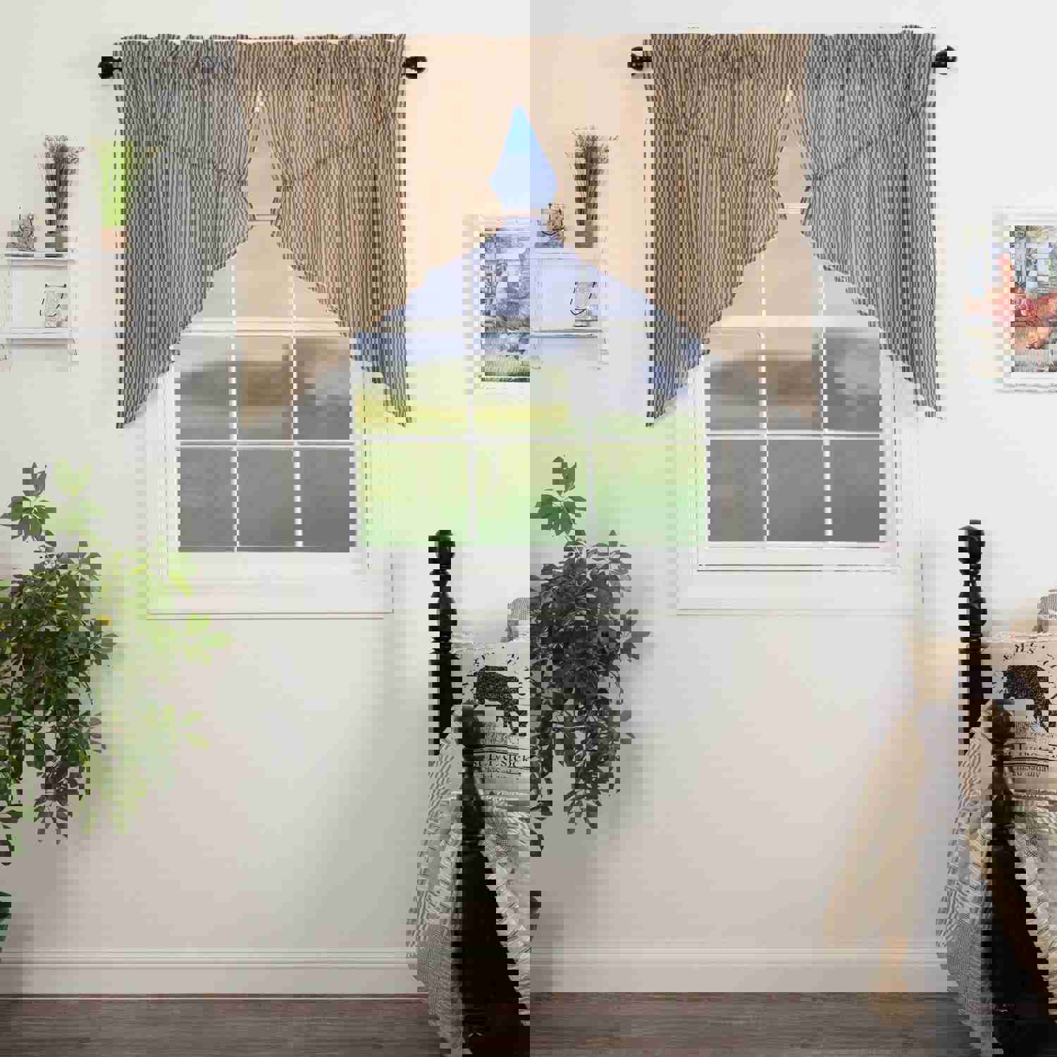 Sawyer Mill Charcoal Ticking Stripe Lined Prairie Swag Curtains Set