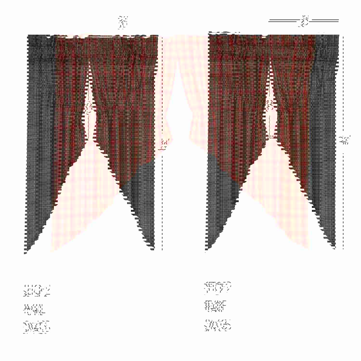 Elegant Tartan Red Plaid Prairie Swag Set for Kitchen Windows