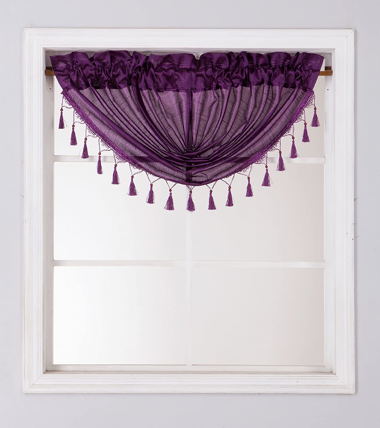 Faux Silk Semi-Sheer Waterfall Valance with Tassel Trim, 48"x38"