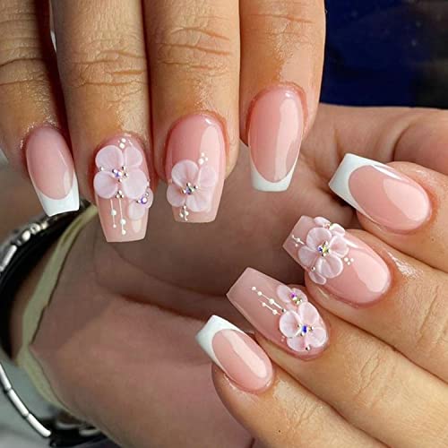 5D Embossed Flower Nail Art Stickers, 6 Sheets White & Pink Floral Designs