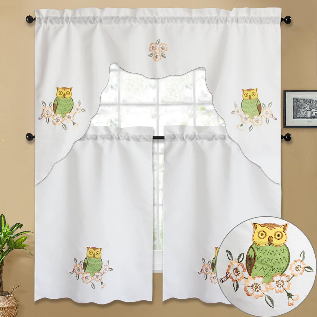 3pc Rod Pocket Embroidered Butterfly Kitchen Curtain Set with Swag Valance, 36" Length