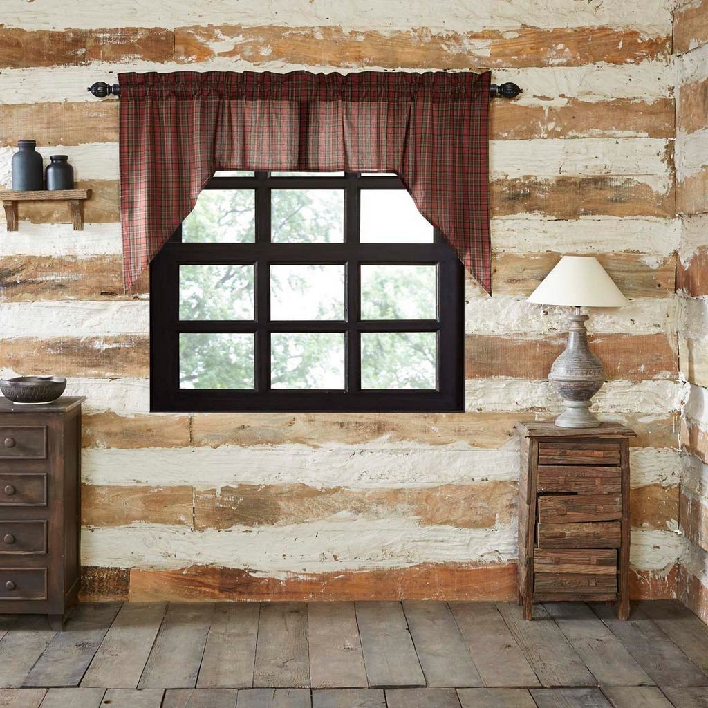 Elegant Tartan Red Plaid Lined Swag Curtains Set