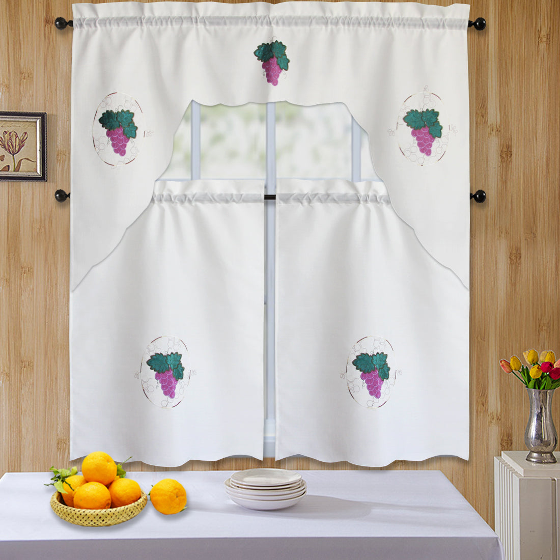 3pc Rod Pocket Embroidered Butterfly Kitchen Curtain Set with Swag Valance, 36" Length
