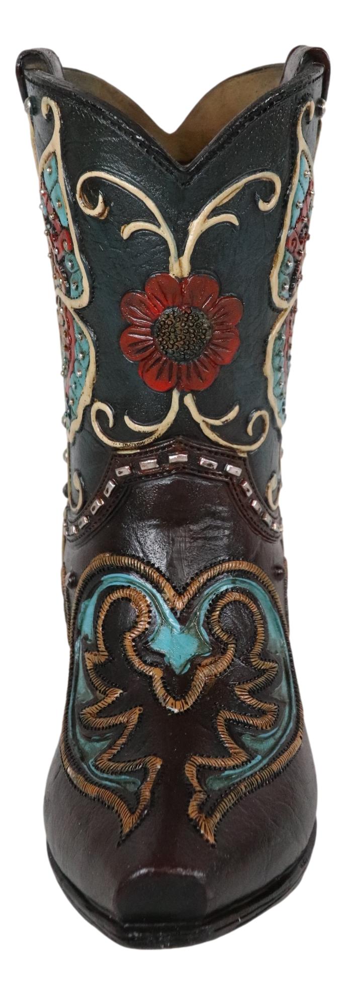 Western-Inspired Turquoise & Brown Tooled Leather Cowboy Boot Decor