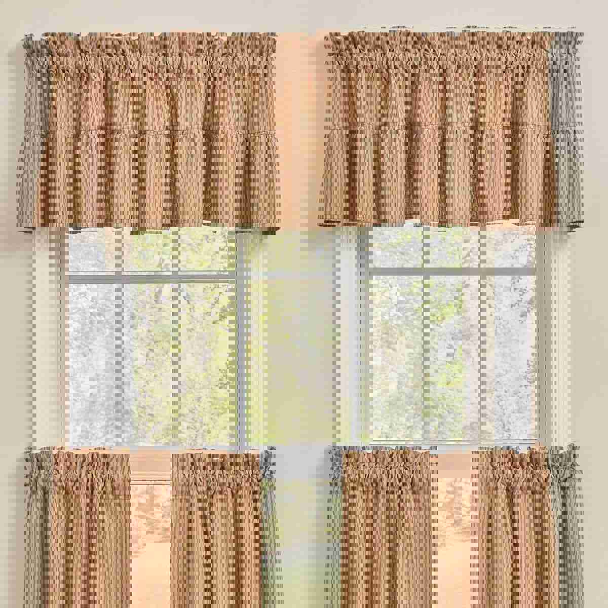 Sturbridge Ruffled Ticking Valance in Barn Red and Tan