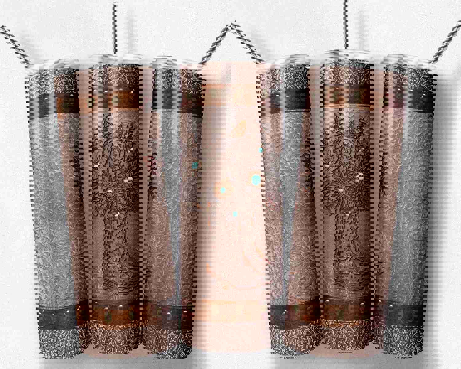 Western-Inspired Tooled Leather Floral Cowgirl Tumbler Design