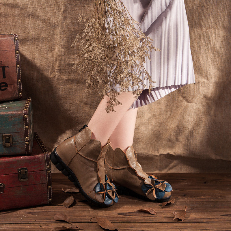 Glamorous Flower-Accented Leather Ankle Boots