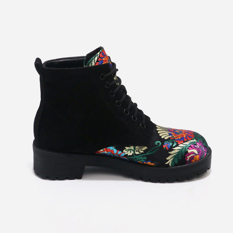 Women's Embroidered Suede Ankle Boots with Low Heel