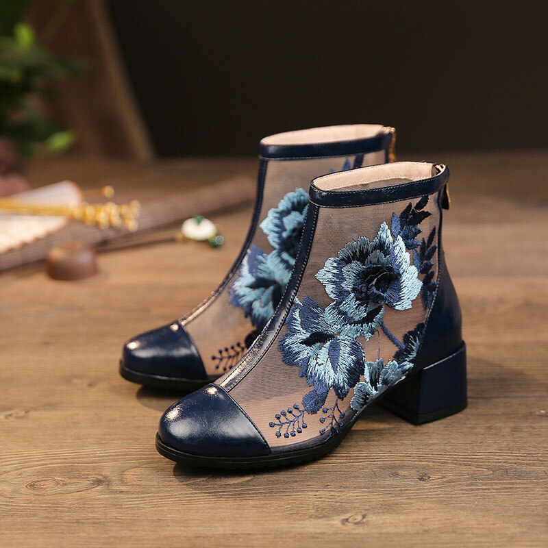 Elegant Embroidered Genuine Leather Women's Ankle Boots