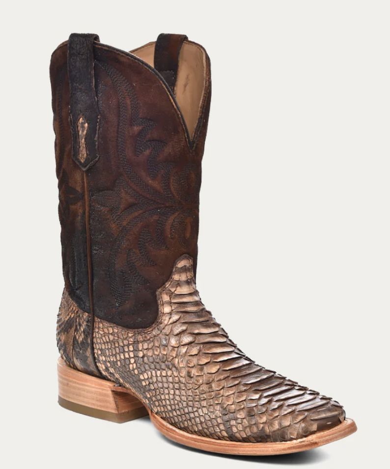 Elegant Embroidered Brown Lamb & Python Leather Cowboy Boots