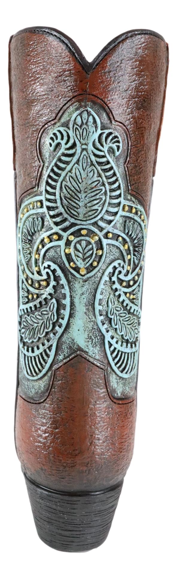 Western Style Turquoise Tooled Leather Cowboy Boot Flower Vase