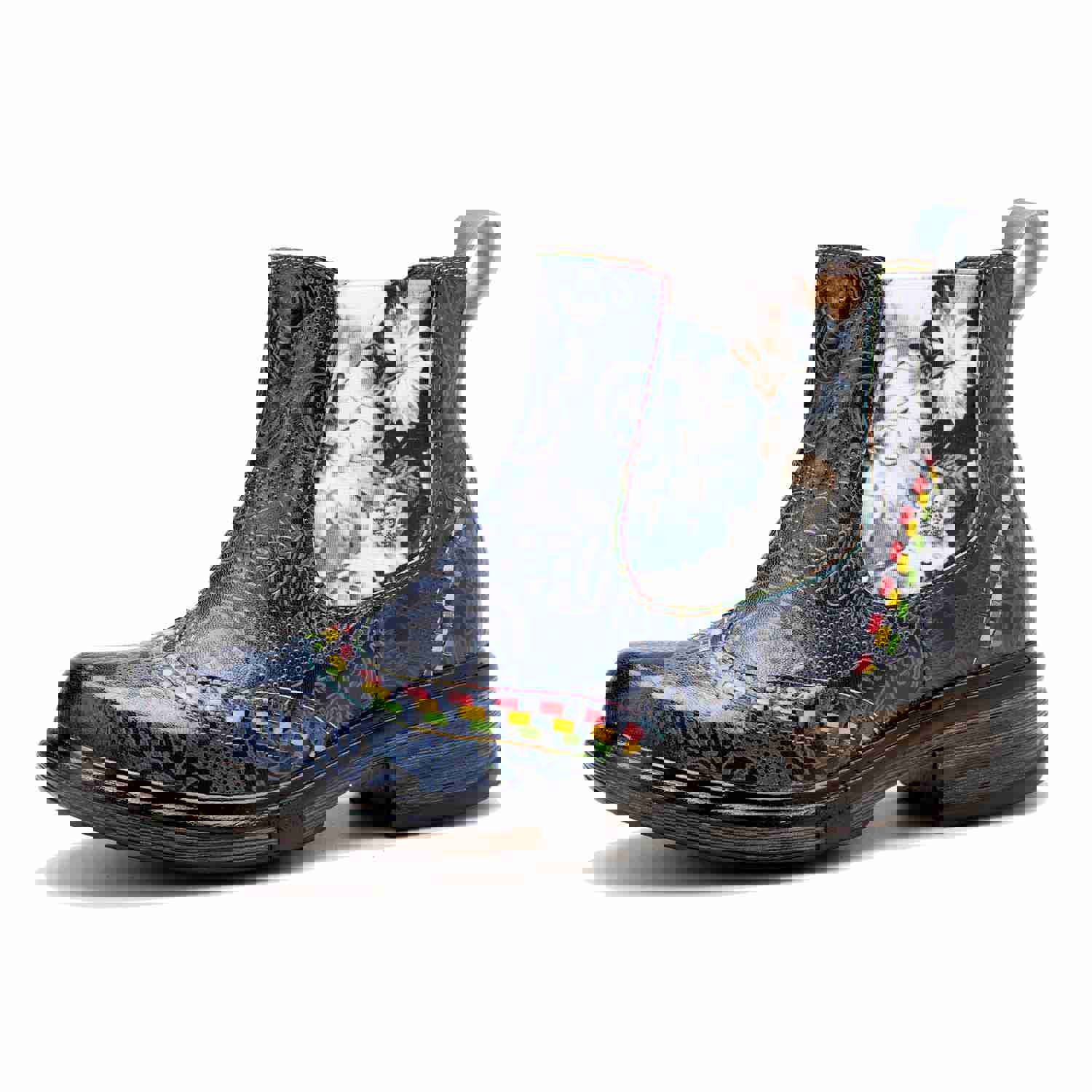 Elegant Cowhide Leather Ankle Boots with Hand-Embossed Flowers