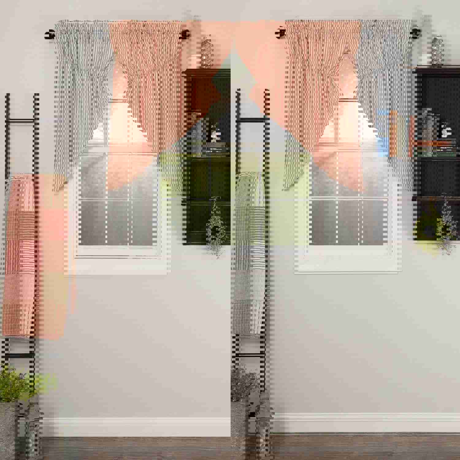 Sawyer Mill Red Ticking Stripe Lined Prairie Swag Curtains Set