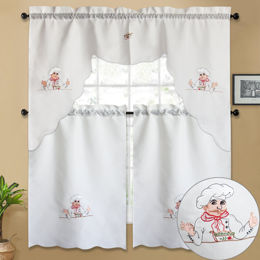 3pc Rod Pocket Embroidered Butterfly Kitchen Curtain Set with Swag Valance, 36" Length