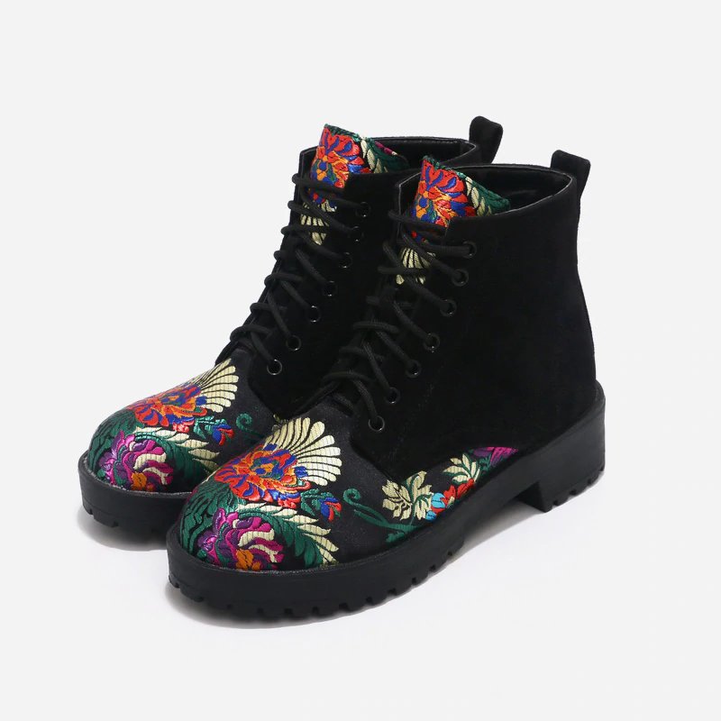 Women's Embroidered Suede Ankle Boots with Low Heel