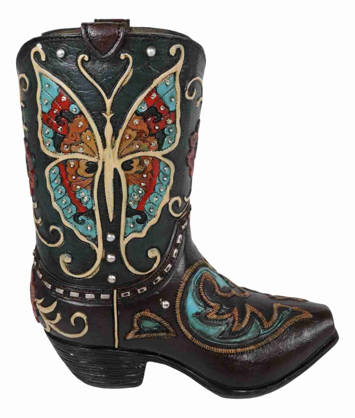 Western-Inspired Turquoise & Brown Tooled Leather Cowboy Boot Decor