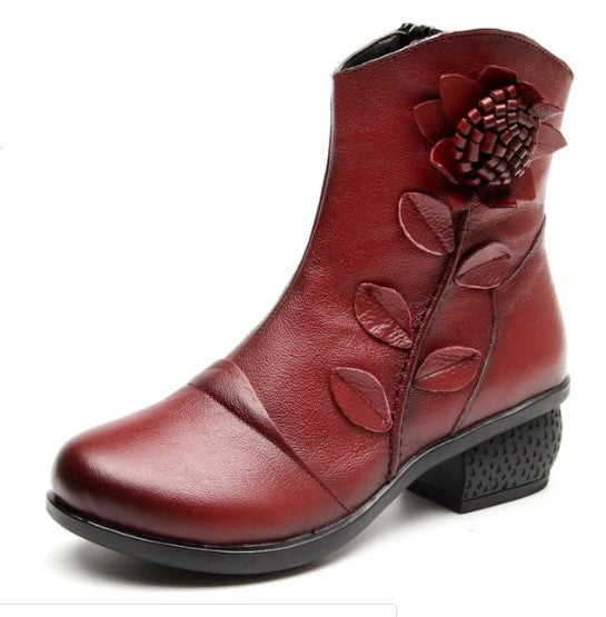 Women's Genuine Leather Ankle Snow Boots with Decorative Flower