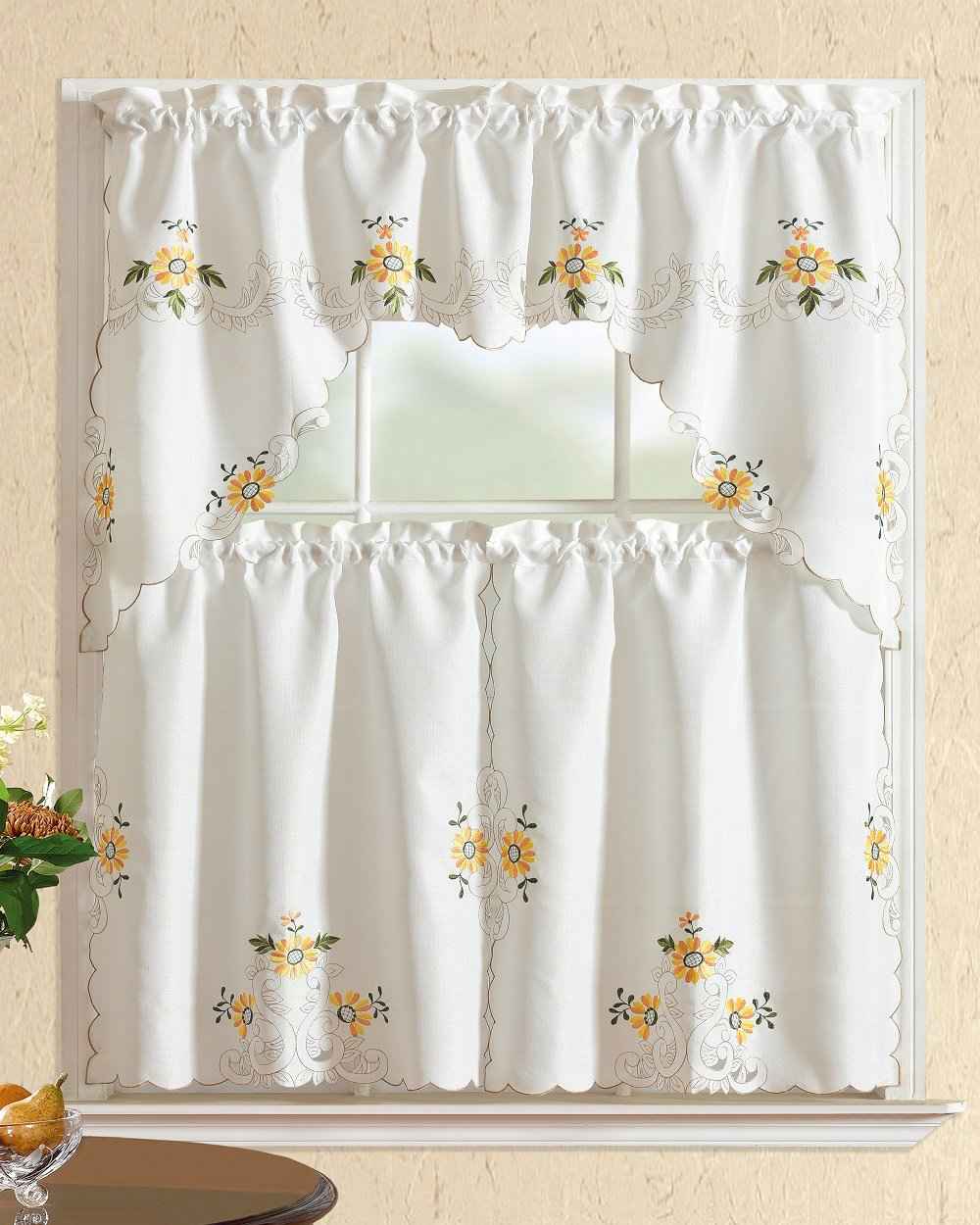 All American Collection 3-Piece Modern Embroidered Kitchen Curtain Set with Swag Valance