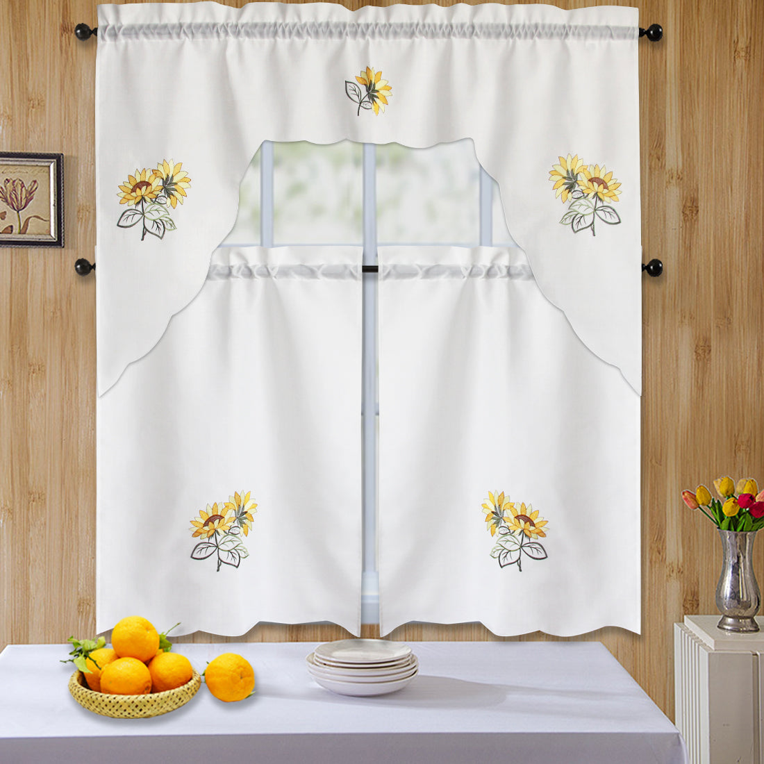 3pc Rod Pocket Embroidered Butterfly Kitchen Curtain Set with Swag Valance, 36" Length