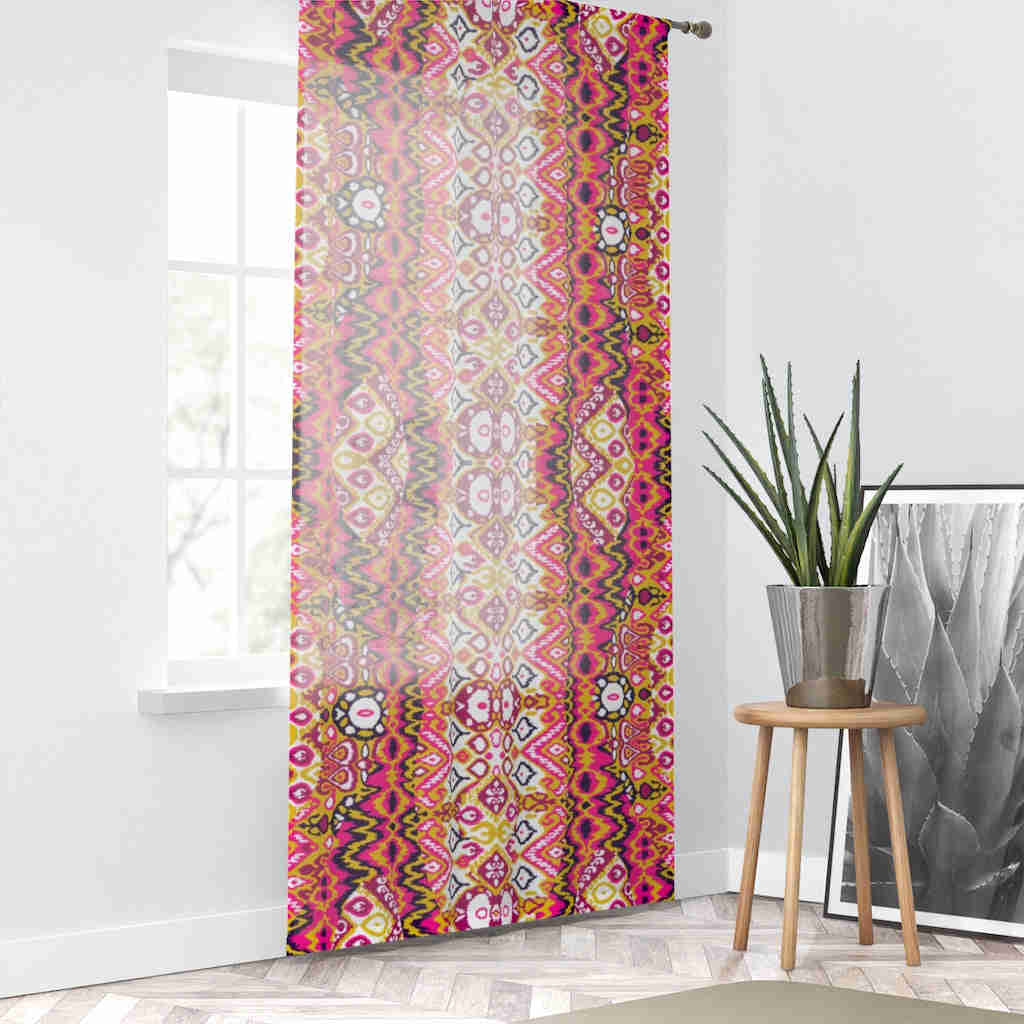 Elegant Boho Sheer Window Curtain with Red & Pink Print