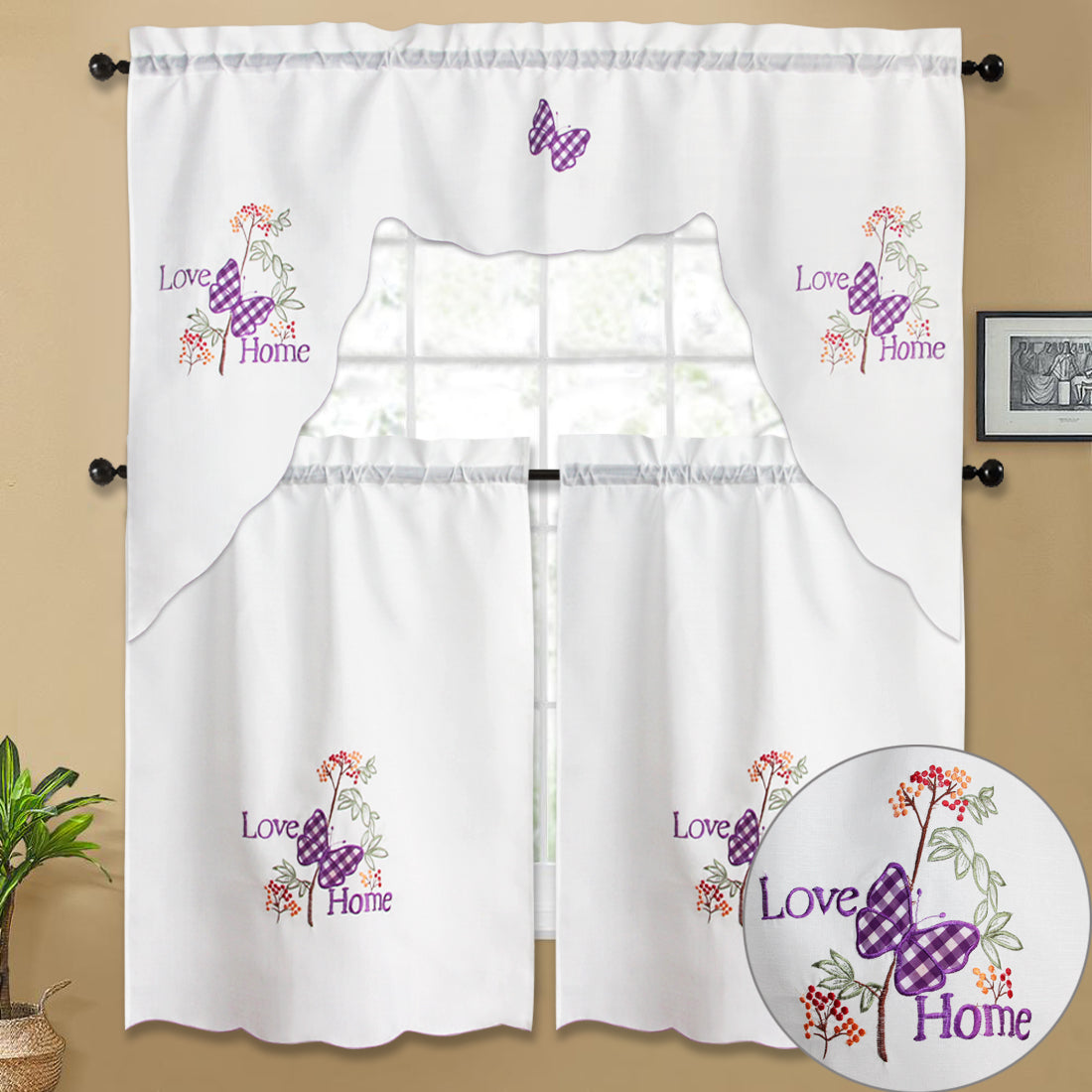 3pc Rod Pocket Embroidered Butterfly Kitchen Curtain Set with Swag Valance, 36" Length