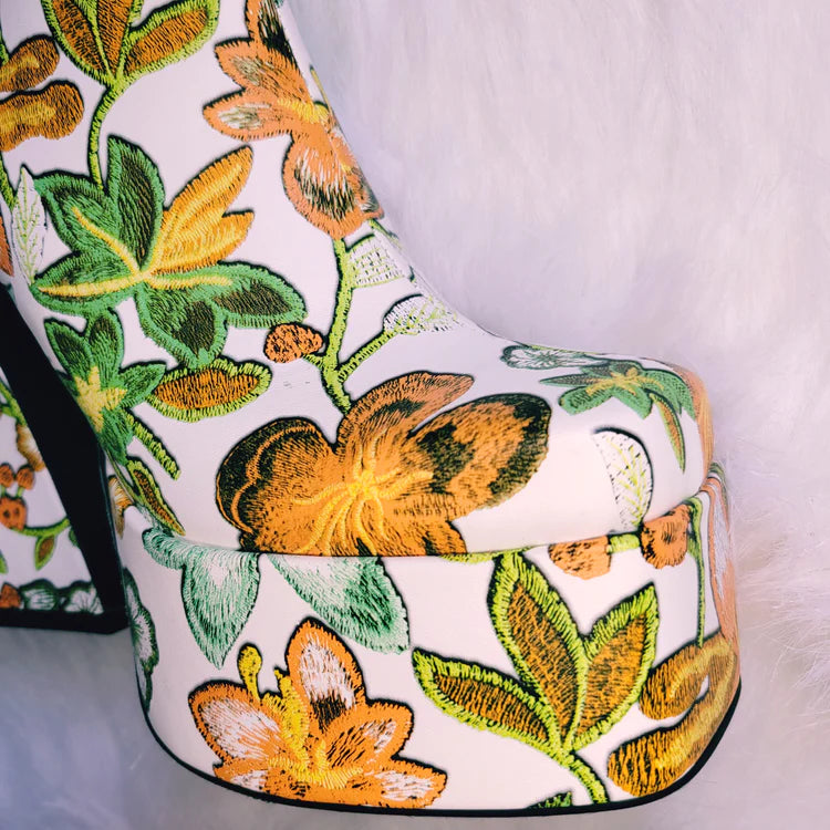 Personalized 70s-Inspired Flower Power Platform Ankle Boots