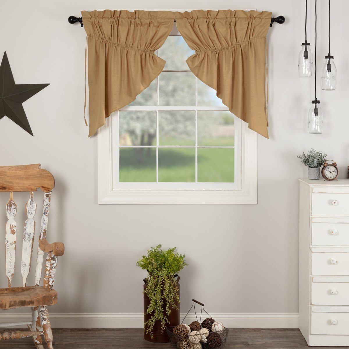 Elegant Flax Khaki Lined Prairie Swag Curtains Set