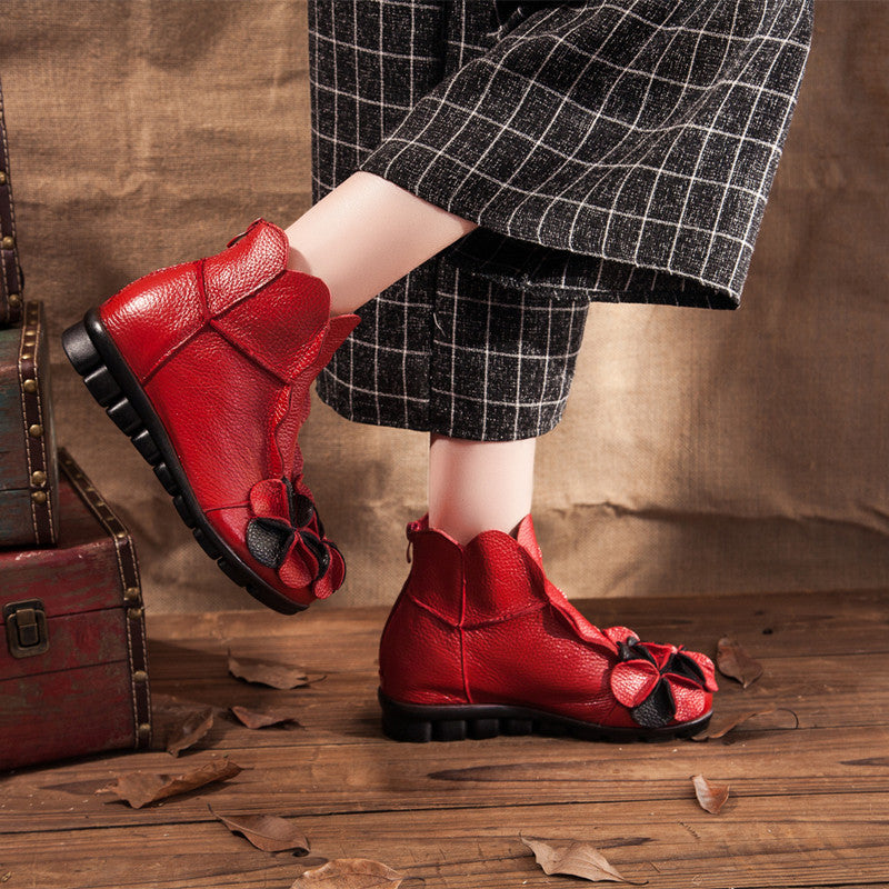 Glamorous Flower-Accented Leather Ankle Boots