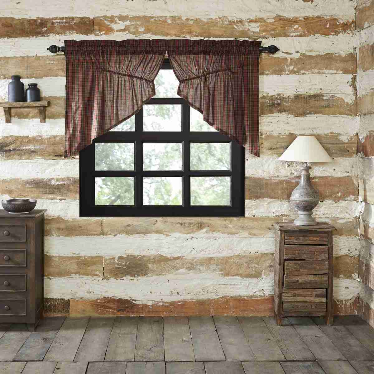 Elegant Tartan Red Plaid Prairie Swag Set for Kitchen Windows