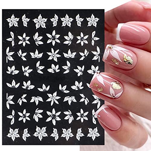 5D Embossed Flower Nail Art Stickers, 6 Sheets White & Pink Floral Designs