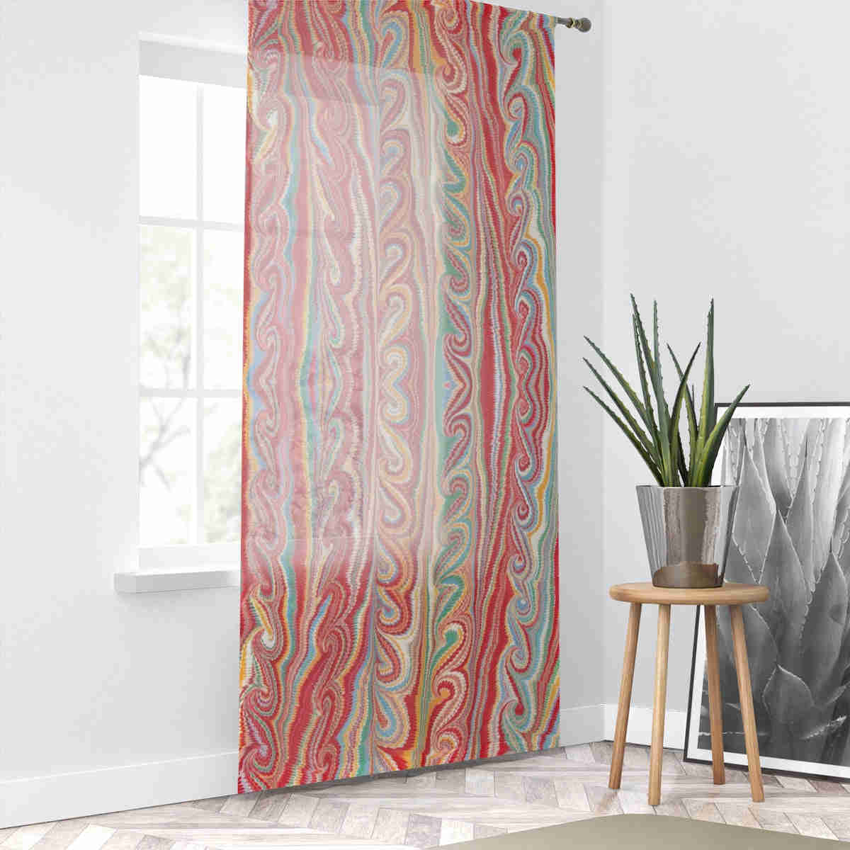 Sheer Window Curtain with Colored Swirls Design