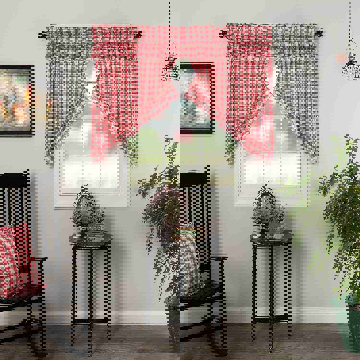 Annie Red Buffalo Check Ruffled Lined Prairie Swag Curtains