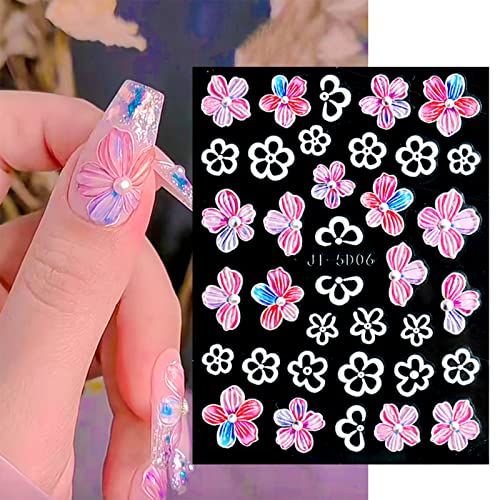 JMEOWIO 7 Sheets 3D Embossed Spring Flower Nail Art Stickers Decals Self-Adhesive, 5D Colorful Summer Floral Nail Supplies