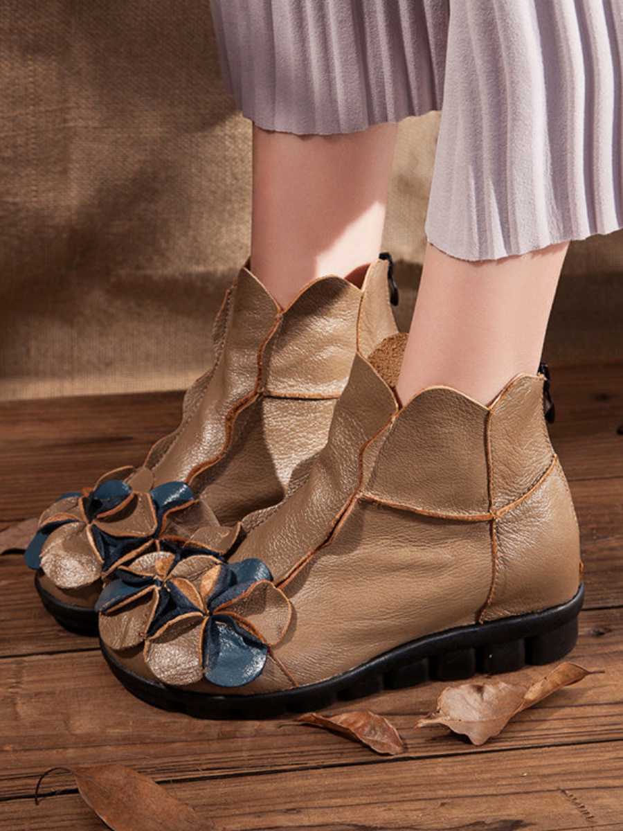 Glamorous Flower-Accented Leather Ankle Boots