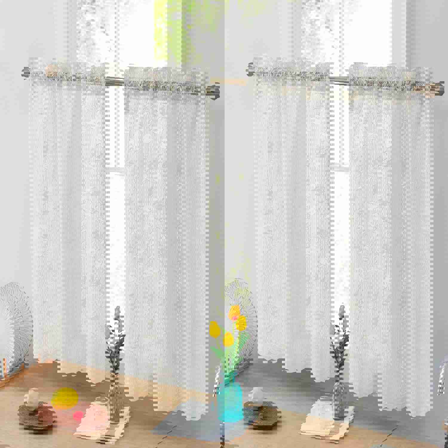 Elegant Floral Joyce Semi-Sheer Kitchen Curtains