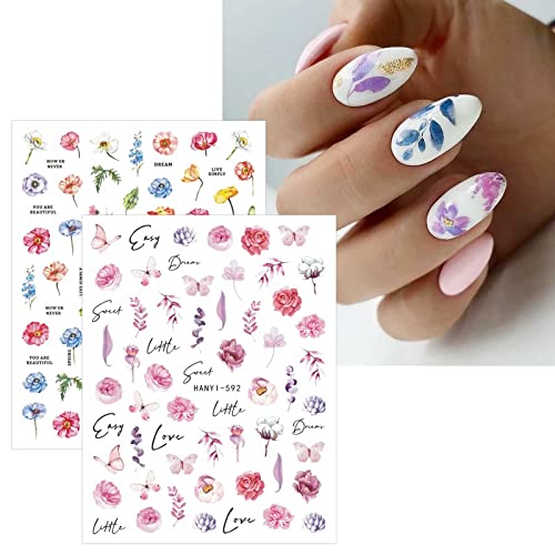 JMEOWIO Spring Floral Nail Art Stickers, 9 Sheets Self-Adhesive Design for Elegant Look