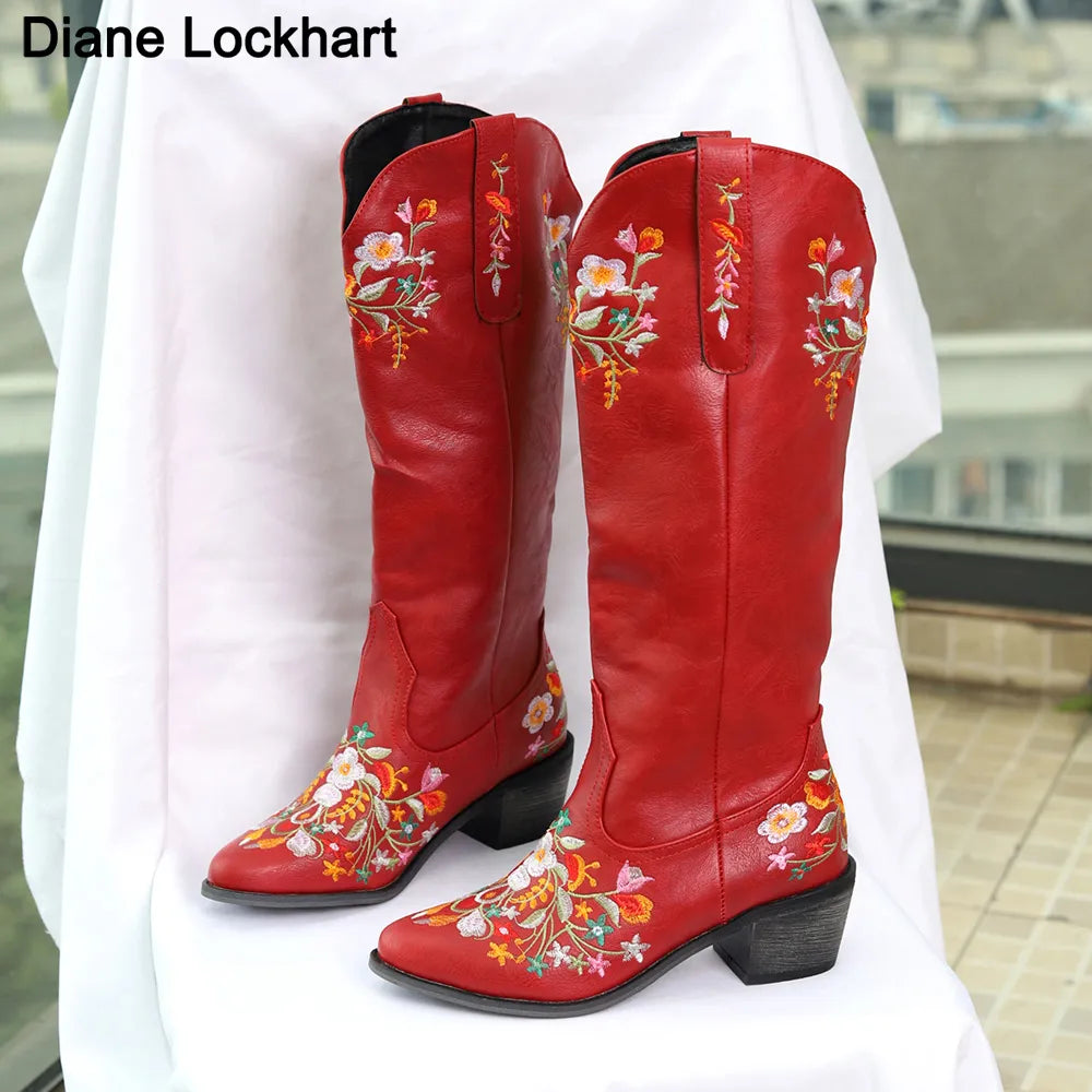 Vintage Floral Embroidered Western Cowboy Boots for Women