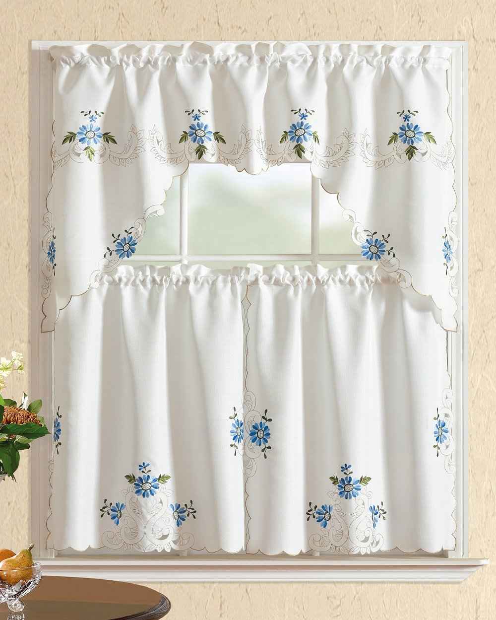All American Collection 3-Piece Modern Embroidered Kitchen Curtain Set with Swag Valance