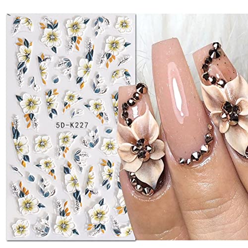 JMEOWIO 3D Embossed Spring Flower Nail Art Stickers Decals, Self-Adhesive Floral Nail Art Design Accessories