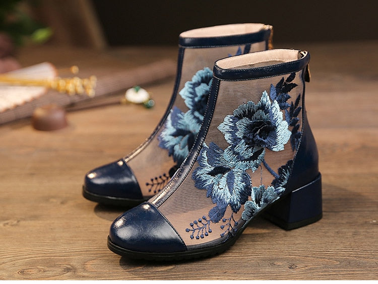 Elegant Embroidered Genuine Leather Women's Ankle Boots