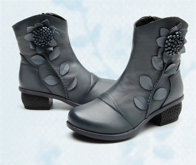 Women's Genuine Leather Ankle Snow Boots with Decorative Flower