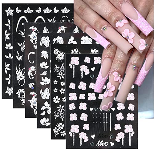 5D Embossed Flower Nail Art Stickers, 6 Sheets White & Pink Floral Designs