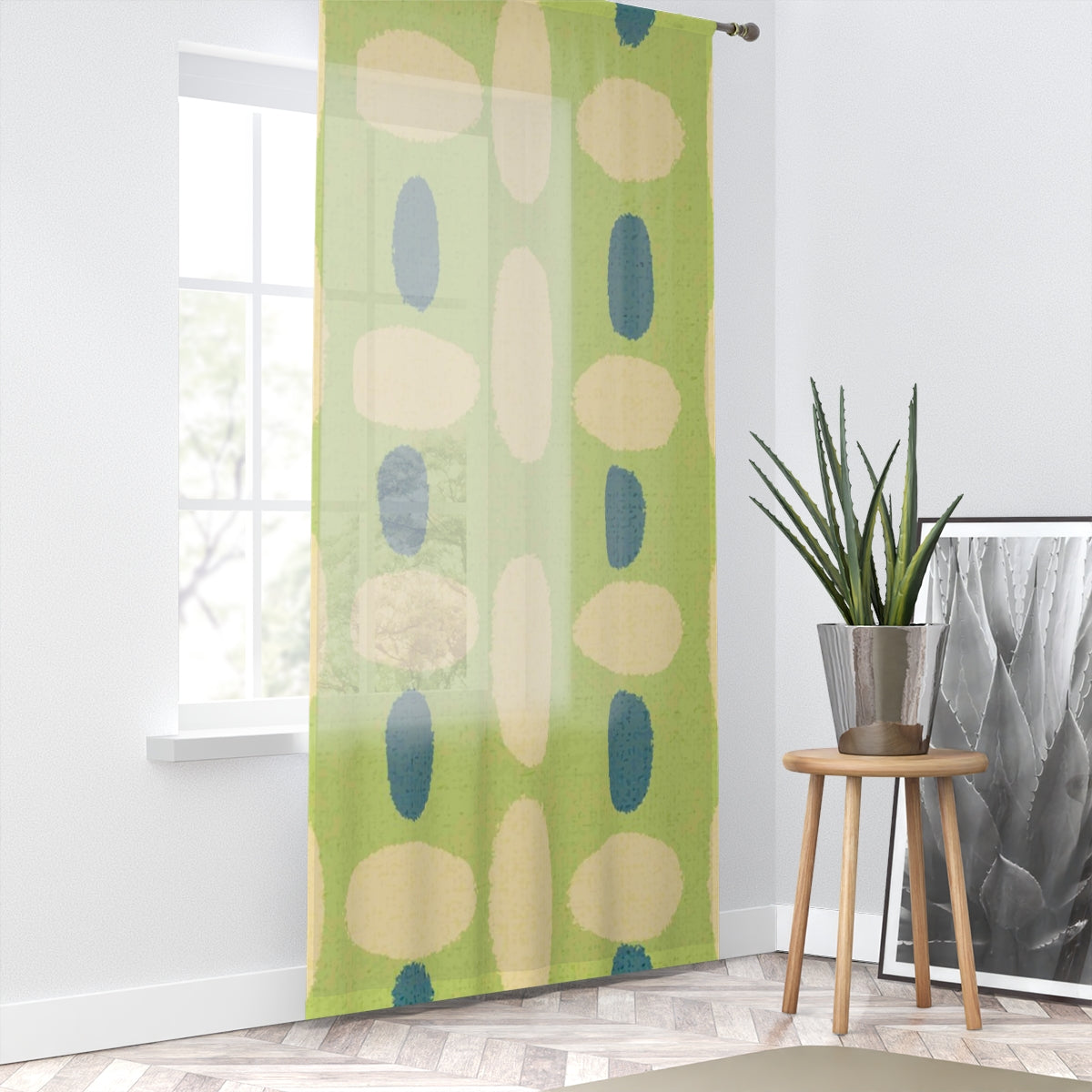 Elegant Sheer Polyester Window Curtain with Vintage Green Ovals