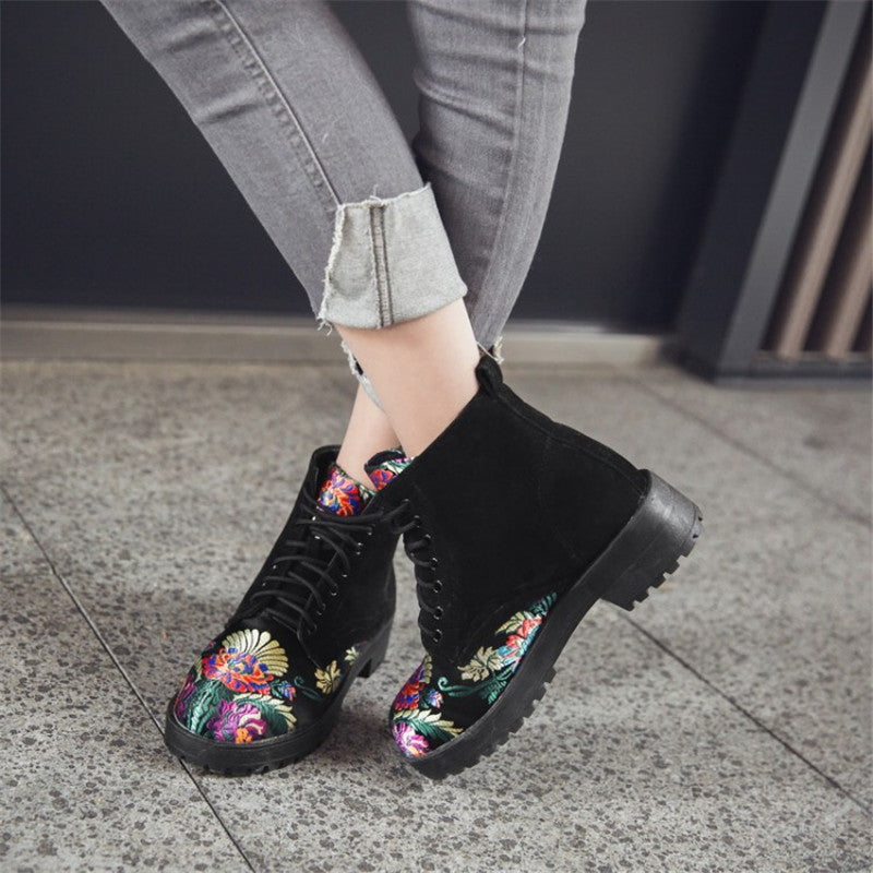 Women's Embroidered Suede Ankle Boots with Low Heel
