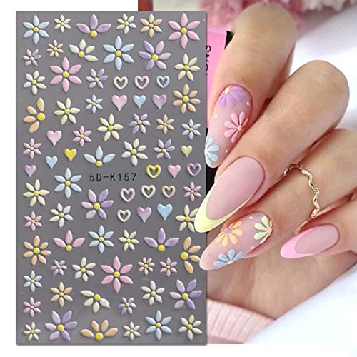 JMEOWIO 3D Embossed Spring Flower Nail Art Stickers, Self-Adhesive Floral Nail Decals for Elegant Summer Look