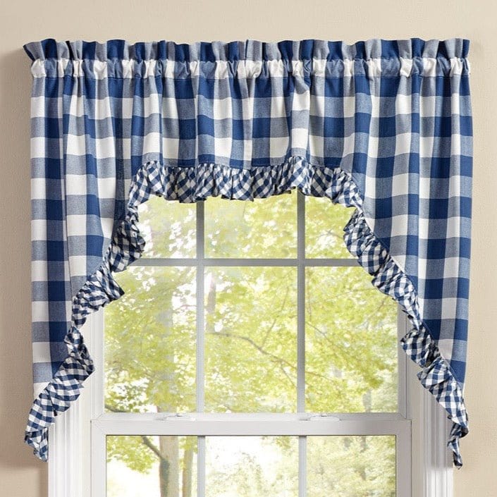 Elegant Blue and Ivory Buffalo Check Ruffled Swag Valance