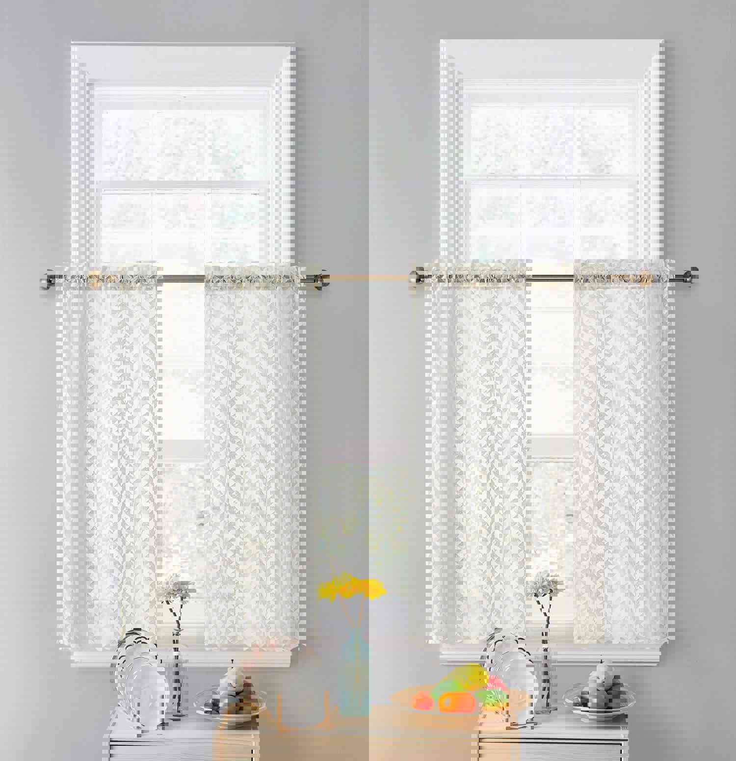 Elegant Herringbone Sheer Cafe Curtains for a Chic Kitchen