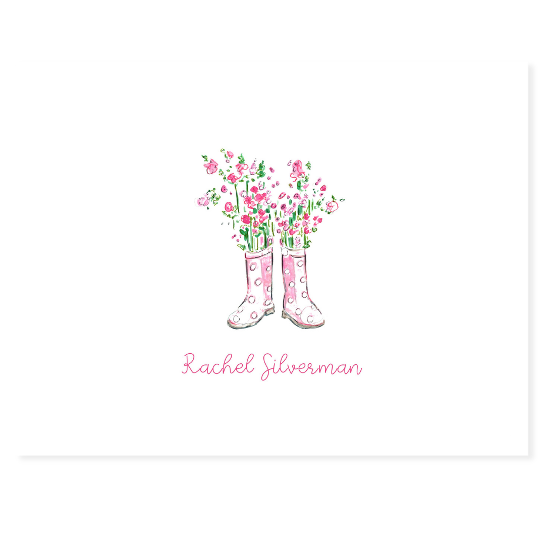 Personalized Rain Boots & Flowers Note Cards Set